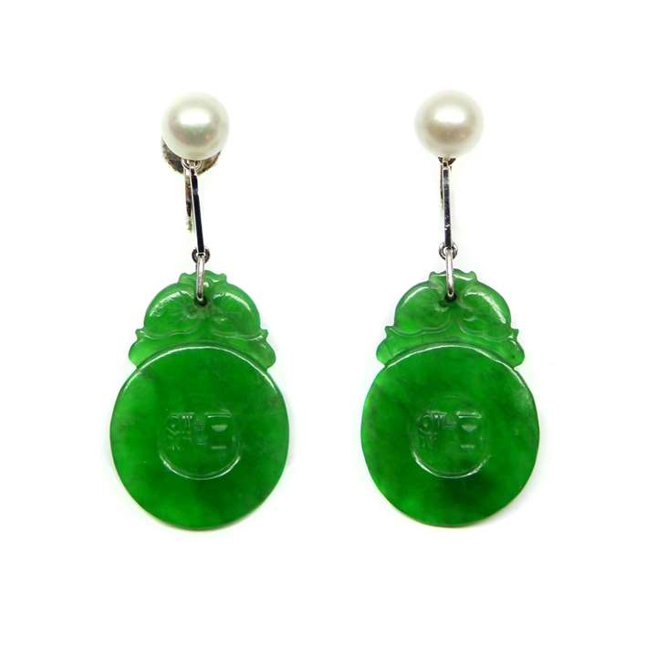 Pair of Art Deco pearl and Chinese carved jade panel pendant earrings